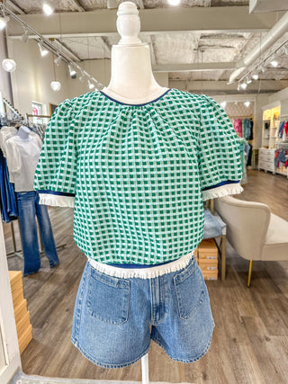 Teal/Forest Green Gingham Textured Ruffle Band Top - Everyday EDEN Boutique & Gifts