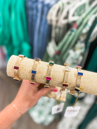 Textured Gold W/ Multi Color Rectangle Crystals Stretch Bracelet - Everyday EDEN Boutique & Gifts