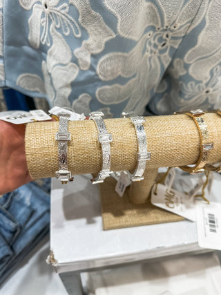 Textured Silver W/ Clear Rectangle Crystals Stretch Bracelet - Everyday EDEN Boutique & Gifts