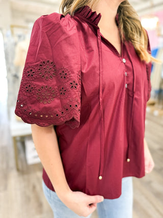 The Burgundy Claire Eyelet Trim Blouse - Everyday EDEN Boutique & Gifts