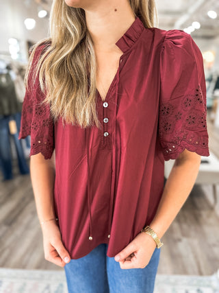 The Burgundy Claire Eyelet Trim Blouse - Everyday EDEN Boutique & Gifts