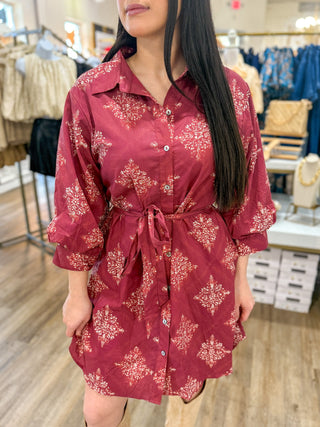 The Burgundy Vivian Vineyard Belted Mini Dress - Everyday EDEN Boutique & Gifts