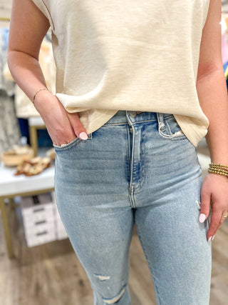 The Isla Light Wash Distressed High Rise Crop Flare Denim Jeans - CELLO - Everyday EDEN Boutique & Gifts