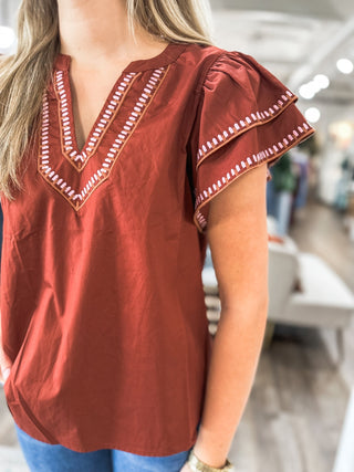 The Madeline Brick Flutter Sleeve Top - Everyday EDEN Boutique & Gifts