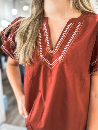 The Madeline Brick Flutter Sleeve Top - Everyday EDEN Boutique & Gifts