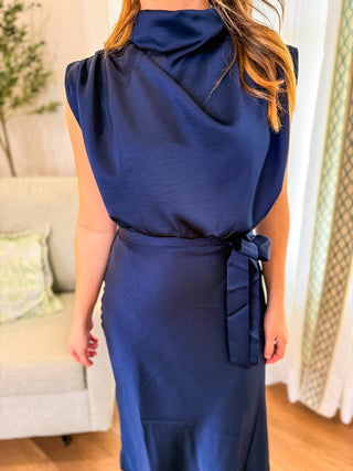 The Navy Daydream Drape Satin Midi Dress - Everyday EDEN Boutique & Gifts