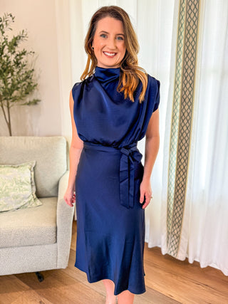 The Navy Daydream Drape Satin Midi Dress - Everyday EDEN Boutique & Gifts