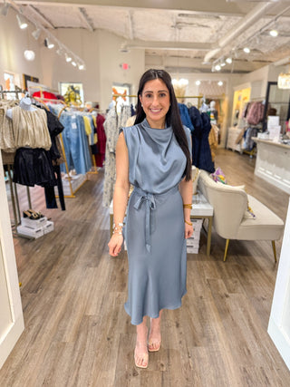 The Slate Blue Daydream Drape Satin Midi Dress - Everyday EDEN Boutique & Gifts