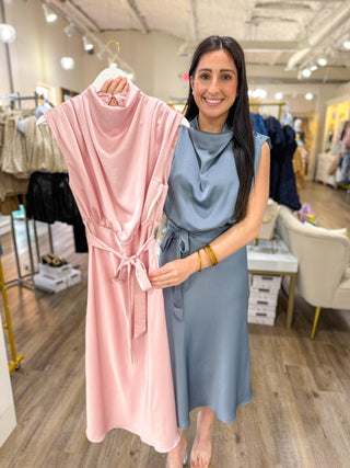 The Slate Blue Daydream Drape Satin Midi Dress - Everyday EDEN Boutique & Gifts