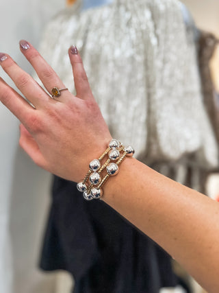 Water Resistant Set of 3 Gold Tube 14MM Silver Beaded Bracelet Set - Everyday EDEN Boutique & Gifts