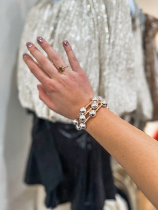 Water Resistant Set of 3 Gold Tube 14MM Silver Beaded Bracelet Set - Everyday EDEN Boutique & Gifts