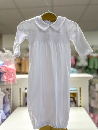 White Blessed Smocked Collared Long Sleeve Gown - Everyday EDEN Boutique & Gifts