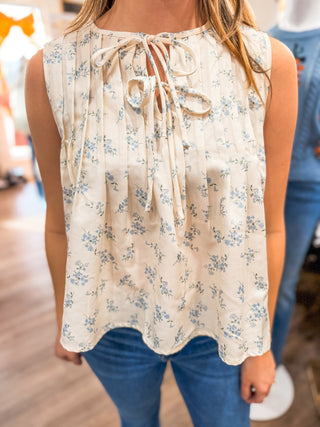 White & Blue Lovely Little Garden Pleated Top - Everyday EDEN Boutique & Gifts