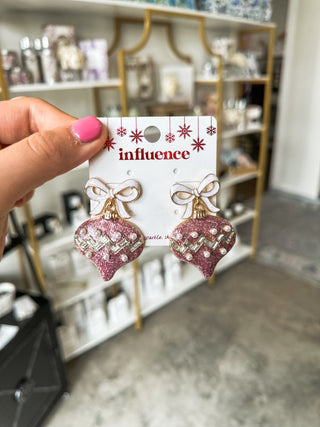 White Bow W/ Pink Glitter & Pearl Ornament Christmas Earrings - Everyday EDEN Boutique & Gifts