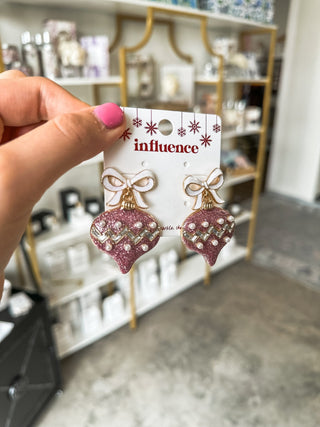 White Bow W/ Pink Glitter & Pearl Ornament Christmas Earrings - Everyday EDEN Boutique & Gifts