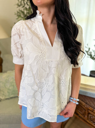 White Everleaf Eyelet Short Sleeve V - Neck Top - Everyday EDEN Boutique & Gifts