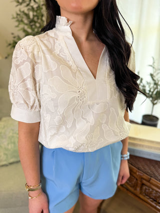 White Everleaf Eyelet Short Sleeve V - Neck Top - Everyday EDEN Boutique & Gifts