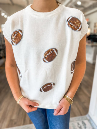 White Game Day Football Patch Sweater Top - Everyday EDEN Boutique & Gifts