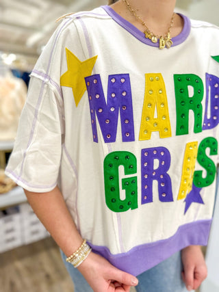 White Mardi Gras Color Block Rhinestone Short Sleeve Sweatshirt - Everyday EDEN Boutique & Gifts