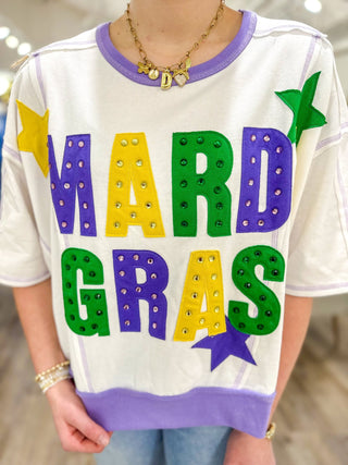 White Mardi Gras Color Block Rhinestone Short Sleeve Sweatshirt - Everyday EDEN Boutique & Gifts