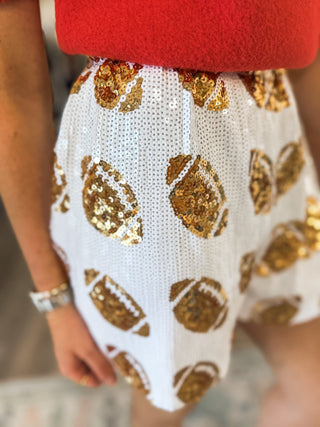White/Gold Halftime Queen Sequin Football Shorts - Everyday EDEN Boutique & Gifts