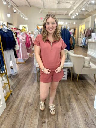 Winter Rose Polish & Poise Scuba Half Zip Short Sleeve Shorts Set - Everyday EDEN Boutique & Gifts