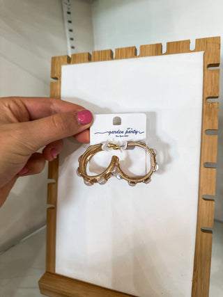 Worn Gold W/ Pearl Square Stone Accents 1.25" Hoop Earrings - Everyday EDEN Boutique & Gifts