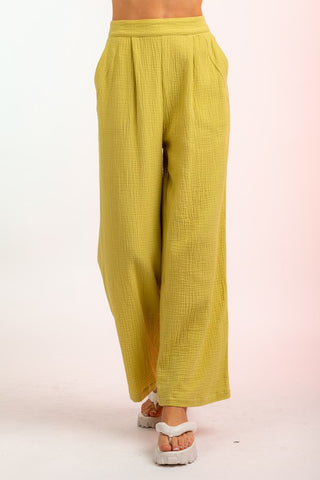 Lime Double Gauze High-Waisted Wide Leg Pants