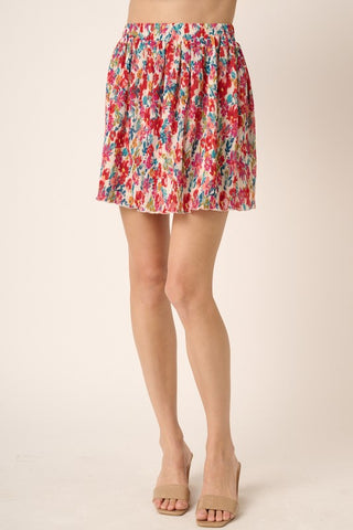 Ivory Pleated Flower Print Detail Skirt