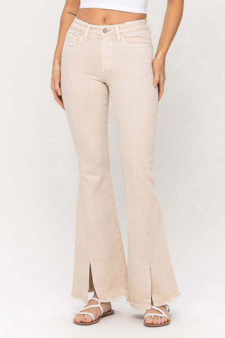 Proving Them Wrong Nude Washed Mid Rise Slit Hem Petite Flare