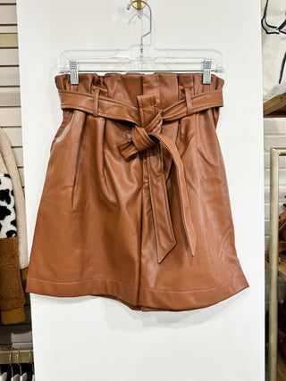 Camel Tie Waist Faux Leather Shorts