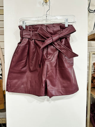 Burgundy Tie Waist Faux Leather Shorts