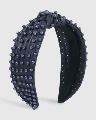 Navy Blue Faux Leather Monochromatic Pearl Headband